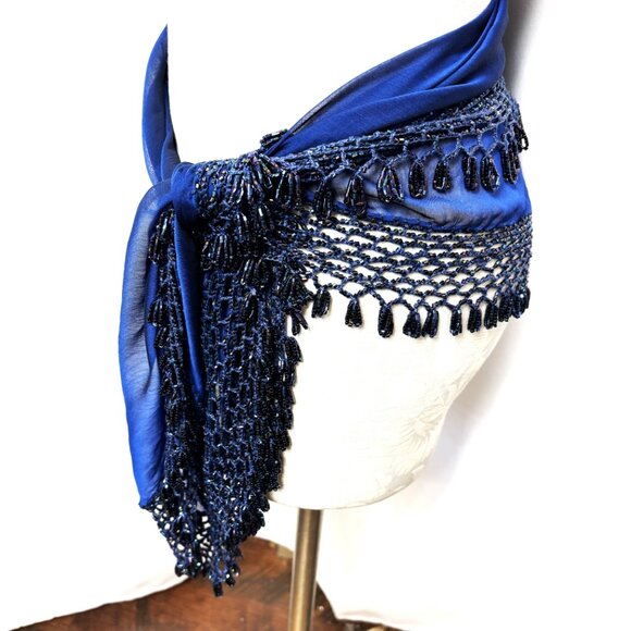 Beaded Royal Blue Sheer Triangle Shawl Scarf 37” x 37” x 61” - Picture 11 of 13